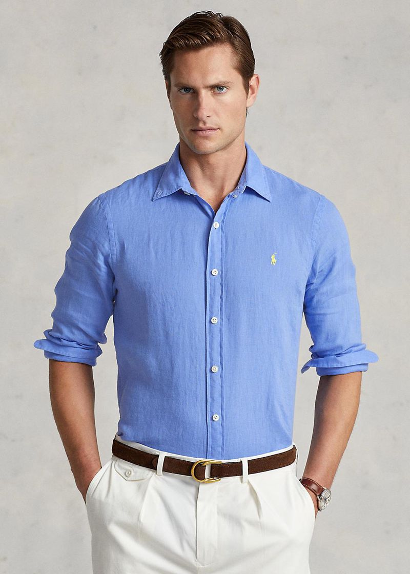 Camisas Polo Ralph Lauren Hombre Slim Fit Linen Chile Azules XCTVR-0521